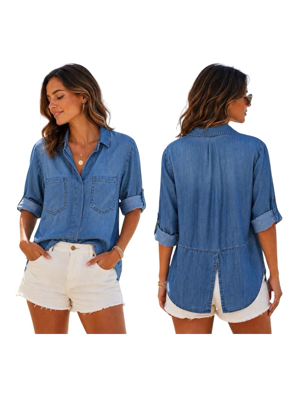 Cloth & Stone Anthropologie Split Back Denim Chambray Button Down Shirt Small